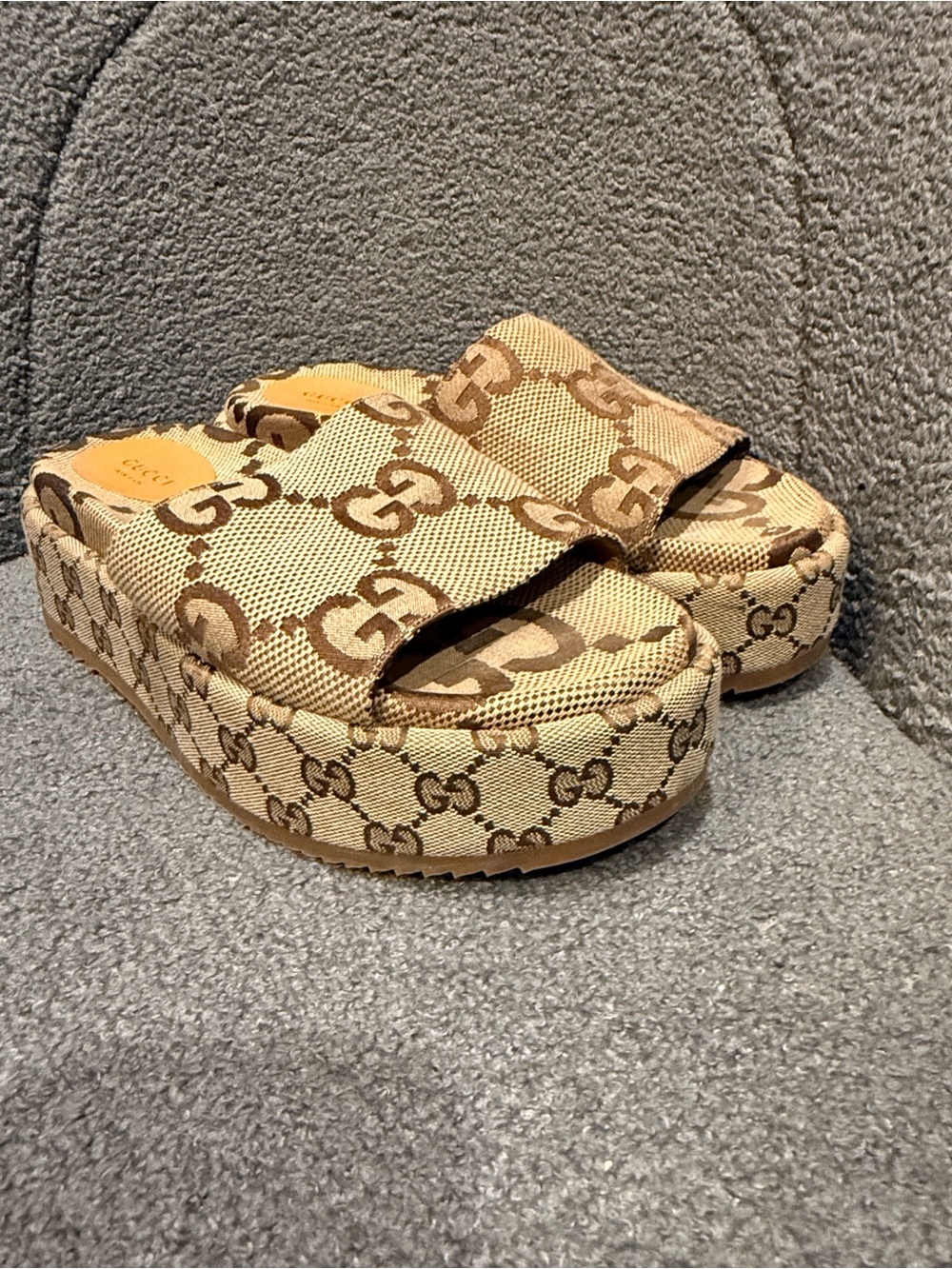 Gucci Brown Beige GG Platform Canvas Slide Sandals